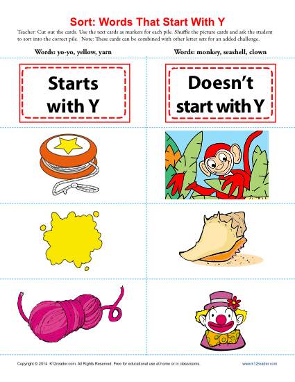 Consonant Sort: Words That Start With Y