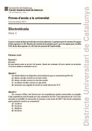 Examen de Selectividad: Electrotecnia. Cataluña. Convocatoria Junio 2014
