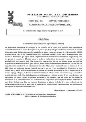 Examen de Selectividad: Lengua castellana y su Literatura. Canarias. Convocatoria Julio 2013