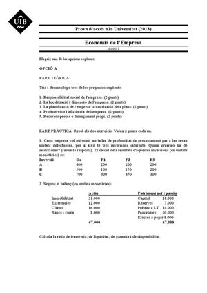 Examen de Selectividad: Economía. Islas Baleares. Convocatoria Junio 2013