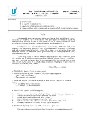 Examen de Selectividad: Portugués. Andalucía. Convocatoria Septiembre 2013
