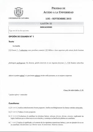 Examen de Selectividad: Latín. Cantabria. Convocatoria Septiembre 2013