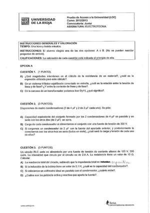 Examen de Selectividad: Electrotecnia. La Rioja. Convocatoria Junio 2013