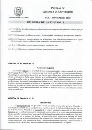 Examen de Selectividad: Historia de la filosofía. Cantabria. Convocatoria Septiembre 2013