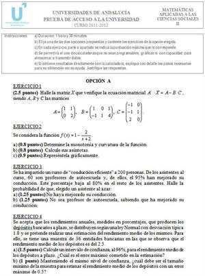 Examen de Selectividad: Matemáticas aplicadas 2. Andalucía. Convocatoria Junio 2012