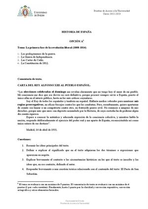 Examen de Selectividad: Historia de España. Asturias. Convocatoria Junio 2013