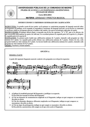 Examen de Selectividad: Lenguaje y práctica musical. Madrid. Convocatoria Septiembre 2013