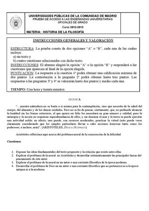 Examen de Selectividad: Historia de la filosofía. Madrid. Convocatoria Junio 2013