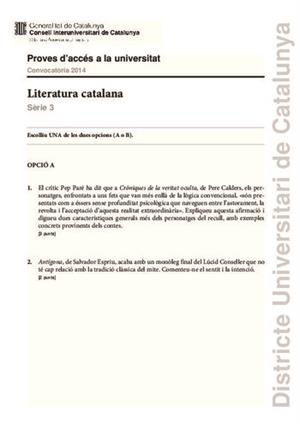 Examen de Selectividad: Literatura catalana. Cataluña. Convocatoria Junio 2014