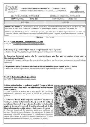 Examen de Selectividad: Biología. Comunidad Valenciana. Convocatoria Junio 2013
