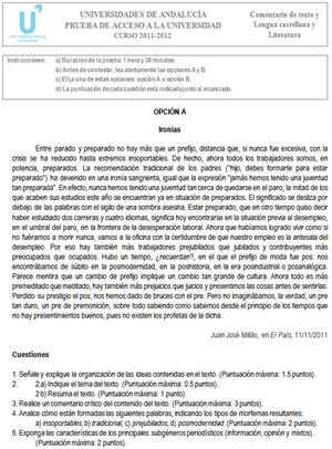 Examen de Selectividad: Lengua castellana y Literatura 5. Andalucía. Convocatoria Junio 2012