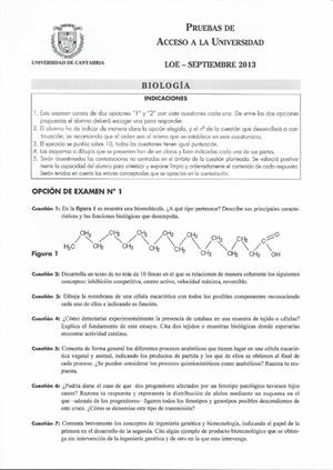 Examen de Selectividad: Biología. Cantabria. Convocatoria Septiembre 2013