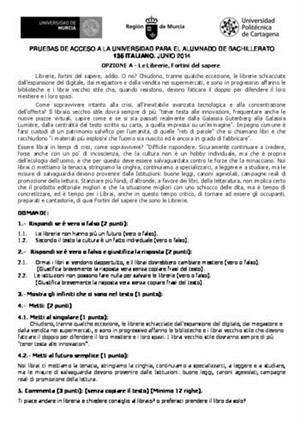 Examen de Selectividad: Italiano. Murcia. Convocatoria Junio 2014