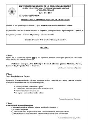 Examen de Selectividad: Geografía. Madrid. Convocatoria Septiembre 2013