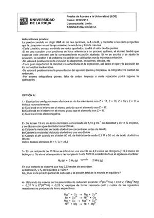 Examen de Selectividad: Química. La Rioja. Convocatoria Junio 2013