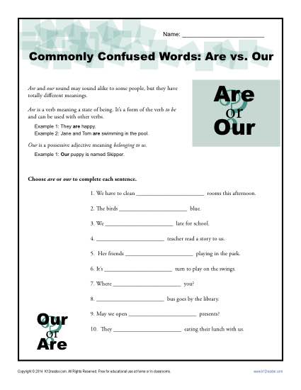 Are vs. Our – Commonly Confused Words Worksheet