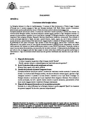 Examen de Selectividad: Italiano. Asturias. Convocatoria Junio 2014