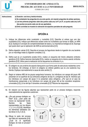 Examen de Selectividad: Biología 2. Andalucía. Convocatoria Junio 2012