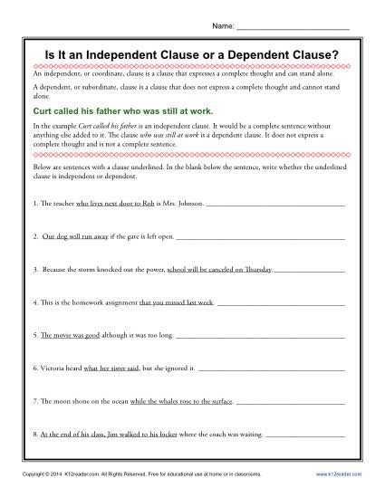 Independent And Dependent Clauses Worksheet