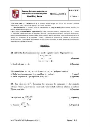 Examen de Selectividad: Matemáticas II. Castilla y León. Convocatoria Septiembre 2013