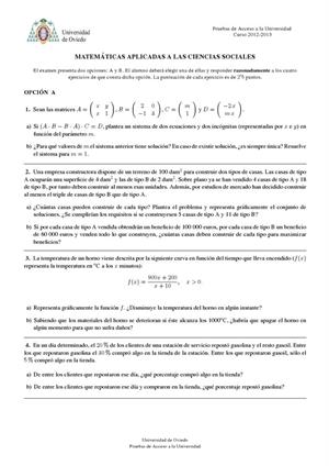 Examen de Selectividad: Matemáticas CCSS. Asturias. Convocatoria Junio 2013