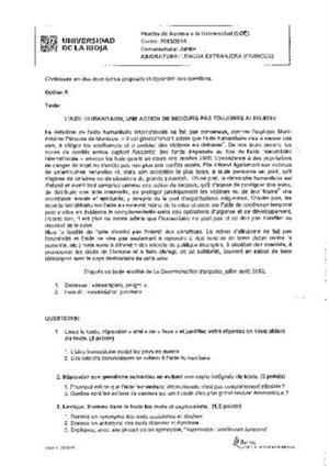 Examen de Selectividad: Francés. La Rioja. Convocatoria Junio 2014