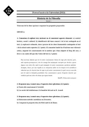Examen de Selectividad: Historia de la filosofía. Islas Baleares. Convocatoria Junio 2013
