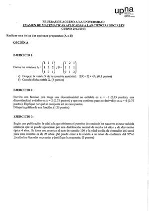 Examen de Selectividad: Matemáticas CCSS. Navarra. Convocatoria Julio 2013