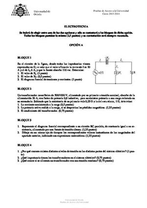 Examen de Selectividad: Electrotecnia. Asturias. Convocatoria Junio 2014