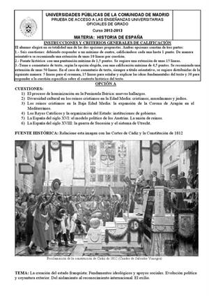 Examen de Selectividad: Historia de España. Madrid. Convocatoria Septiembre 2013