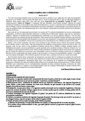 Examen de Selectividad: Lengua castellana y su Literatura. Asturias. Convocatoria Junio 2014