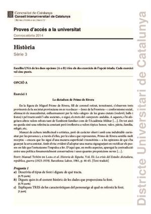 Examen de Selectividad: Historia de España. Cataluña. Convocatoria Junio 2014