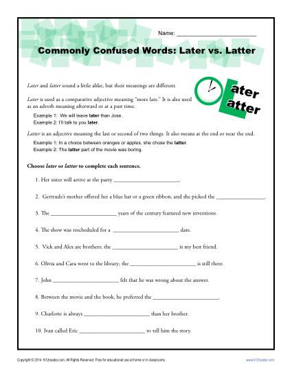 Commonly Confused Words Worksheet: Later vs Latter