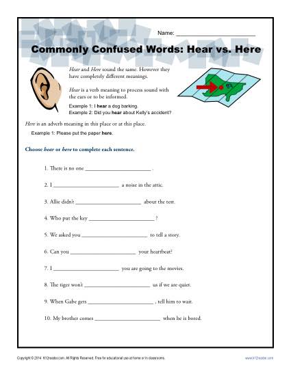 Hear vs. Here – Commonly Confused Words Worksheet