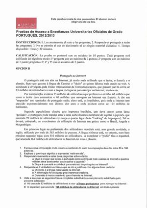 Examen de Selectividad: Portugués. Castilla-La Mancha. Convocatoria Septiembre 2013