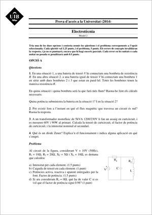 Examen de Selectividad: Electrotecnia. Islas Baleares. Convocatoria Junio 2014