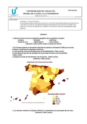 Examen de Selectividad: Geografía. Andalucía. Convocatoria Septiembre 2013