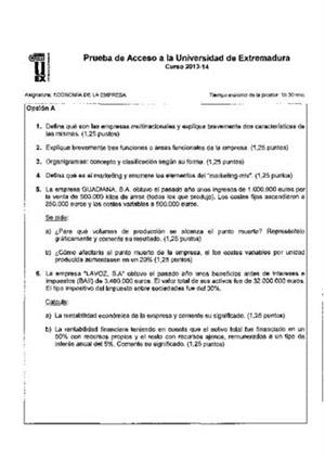 Examen de Selectividad: Economía. Extremadura. Convocatoria Junio 2014