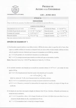 Examen de Selectividad: Física. Cantabria. Convocatoria Junio 2013