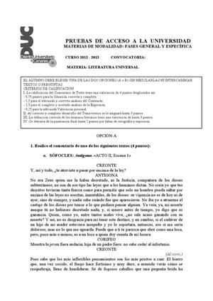 Examen de Selectividad: Literatura universal. Canarias. Convocatoria Julio 2013