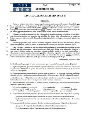 Examen de Selectividad: Lengua gallega y su Literatura. Galicia. Convocatoria Septiembre 2013