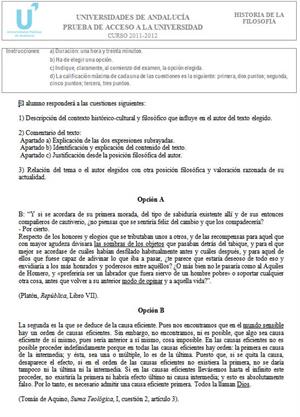 Examen de Selectividad: Historia de la Filosofía 1. Andalucía. Convocatoria Junio 2012
