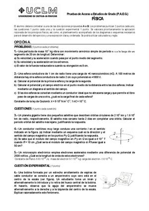 Examen de Selectividad: Física. Castilla-La Mancha. Convocatoria Septiembre 2013
