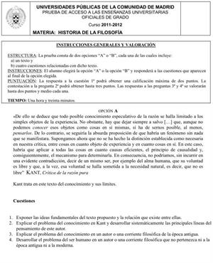 Examen de Selectividad: Historia de la Filosofía. Comunidad de Madrid. Convocatoria Junio 2012