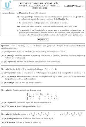 Examen de Selectividad: Matemáticas II 2. Andalucía. Convocatoria Junio 2012