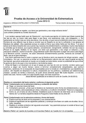 Examen de Selectividad: Lengua castellana y su literatura. Extremadura. Convocatoria Junio 2013