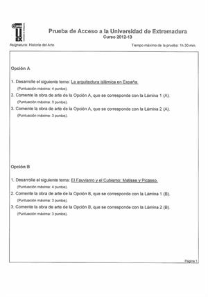 Examen de Selectividad: Historia del arte. Extremadura. Convocatoria Septiembre 2013