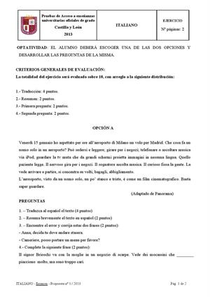 Examen de Selectividad: Italiano. Castilla y León. Convocatoria Junio 2013
