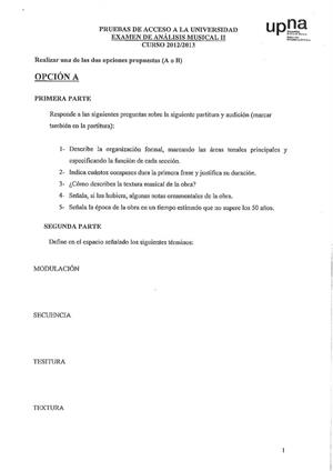 Examen de Selectividad: Análisis musical. Navarra. Convocatoria Julio 2013