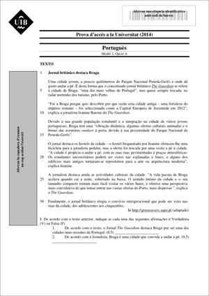 Examen de Selectividad: Portugués. Islas Baleares. Convocatoria Junio 2014